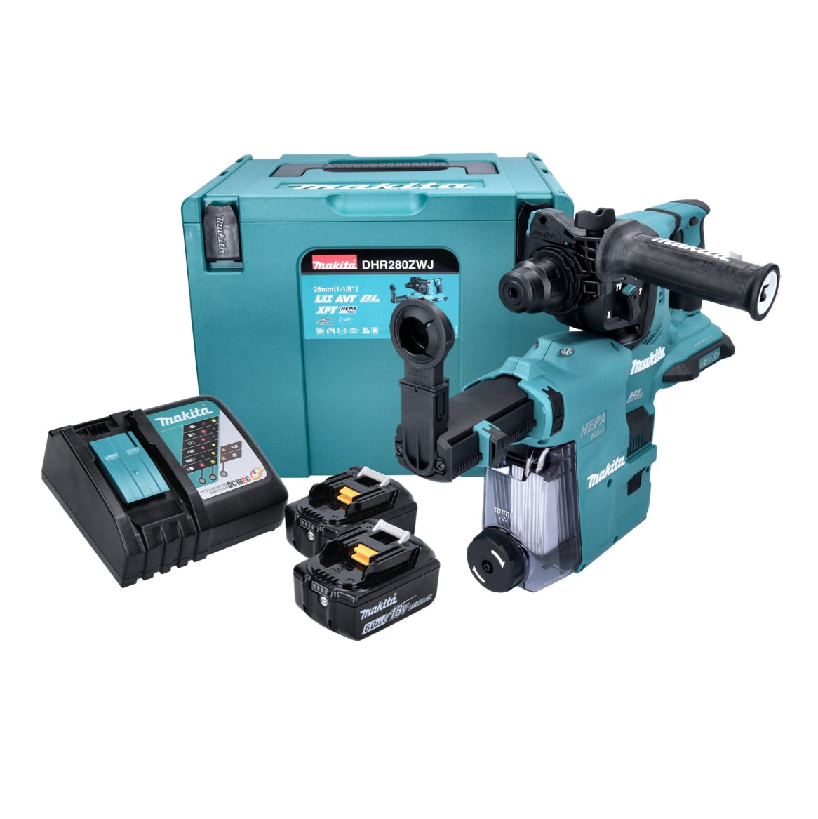 Makita DHR 280 RGWJ Akku Bohrhammer 36 V ( 2x 18 V ) 2,8 J SDS Plus Brushless + 2x Akku 6,0 Ah + Ladegerät + DX08 Staubabsaugung + Makpac