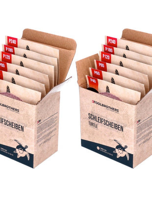 Toolbrothers TURTLE Schleifset 2 Packungen 120x Schleifscheiben 125mm Klett 8 Loch je 20x P40 / P60 / P80 / P120 / P180 / 240 für Hartholz, Weichholz, Lack, Stein, Stahl, Aluminium, Furnier - Toolbrothers