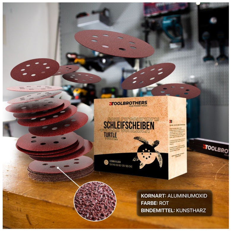 Toolbrothers TURTLE Schleifset 2 Packungen 120x Schleifscheiben 125mm Klett 8 Loch je 20x P40 / P60 / P80 / P120 / P180 / 240 für Hartholz, Weichholz, Lack, Stein, Stahl, Aluminium, Furnier - Toolbrothers