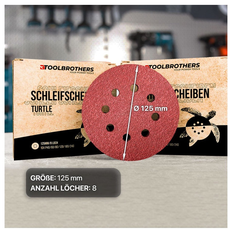 Toolbrothers TURTLE Schleifset 2 Packungen 120x Schleifscheiben 125mm Klett 8 Loch je 20x P40 / P60 / P80 / P120 / P180 / 240 für Hartholz, Weichholz, Lack, Stein, Stahl, Aluminium, Furnier - Toolbrothers