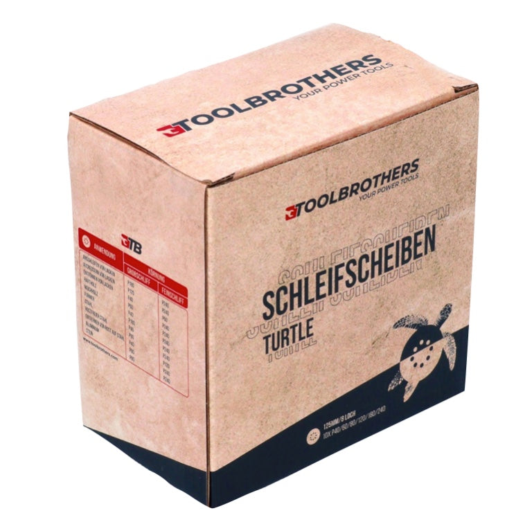 Toolbrothers TURTLE Schleifset 2 Packungen 120x Schleifscheiben 125mm Klett 8 Loch je 20x P40 / P60 / P80 / P120 / P180 / 240 für Hartholz, Weichholz, Lack, Stein, Stahl, Aluminium, Furnier - Toolbrothers