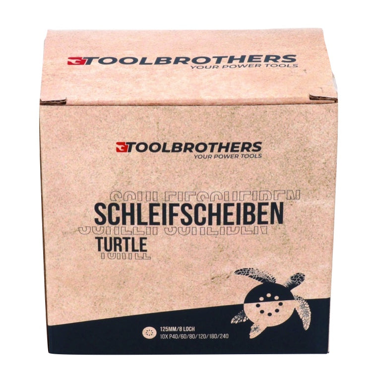 Toolbrothers TURTLE Schleifset 2 Packungen 120x Schleifscheiben 125mm Klett 8 Loch je 20x P40 / P60 / P80 / P120 / P180 / 240 für Hartholz, Weichholz, Lack, Stein, Stahl, Aluminium, Furnier - Toolbrothers