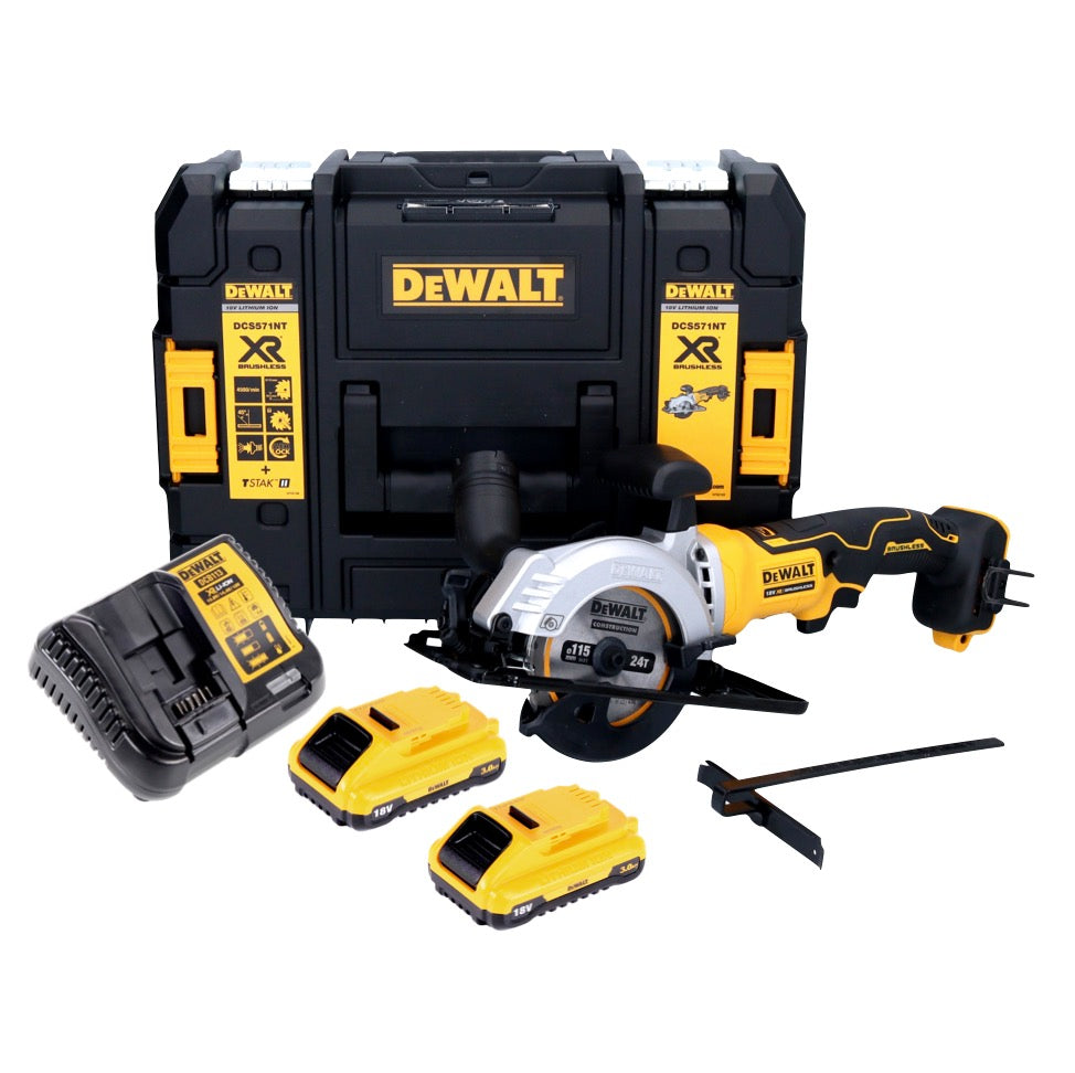 Scie circulaire sur batterie DeWalt DCS 571 L2 18 V 115 mm sans balais + 2x batteries 3,0 Ah + chargeur + TSTAK