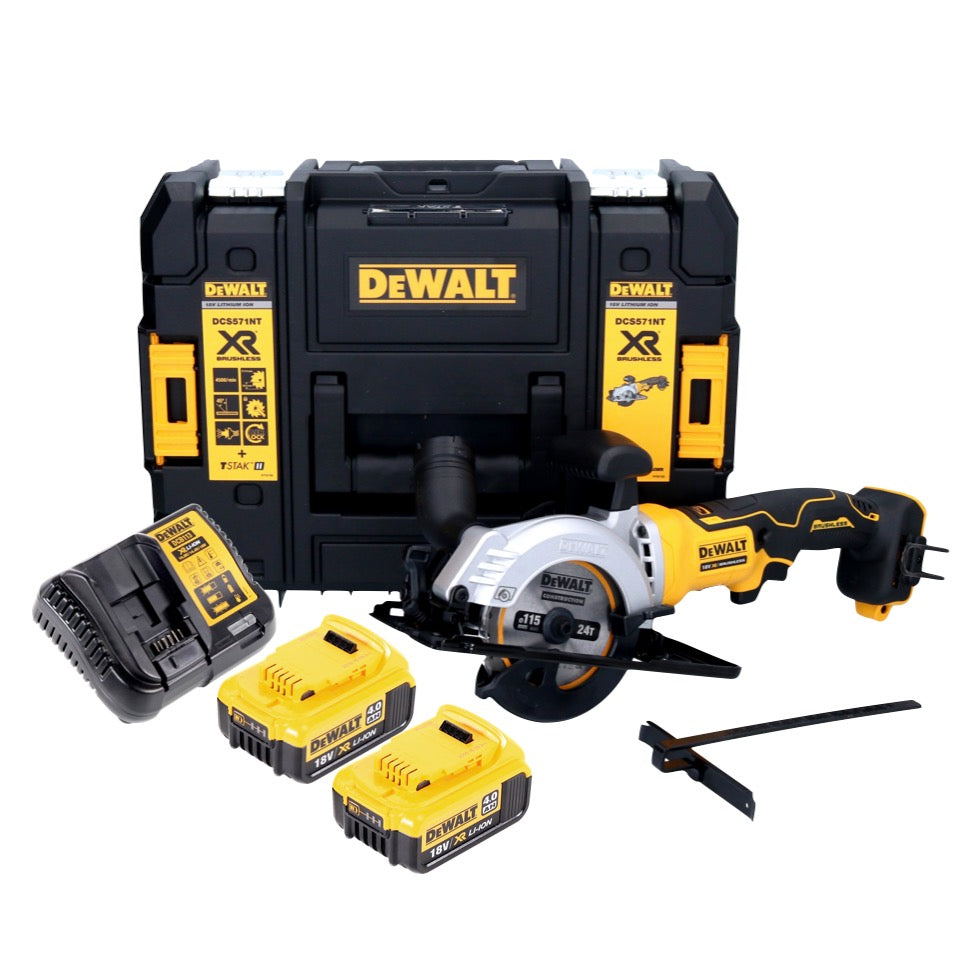 Scie circulaire sur batterie DeWalt DCS 571 M2 18 V 115 mm sans balai + 2x batteries 4,0 Ah + chargeur + TSTAK