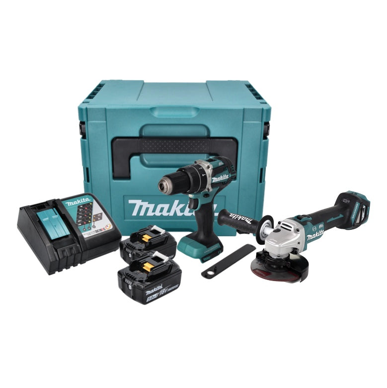 Kit combiné batterie Makita DLX 2272 TJ Meuleuse d'angle sur batterie DGA 513 + perceuse à percussion sur batterie DHP 484 + 2x batterie 5,0 Ah + chargeur + Makpac