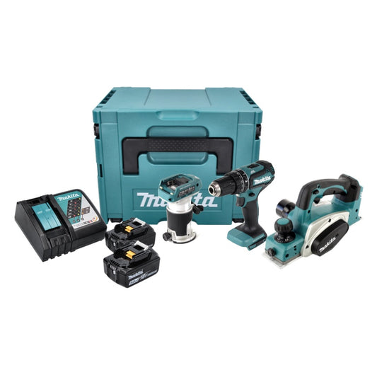 Kit combiné batterie Makita DLX 3116 TJ Perceuse à percussion sur batterie DHP 485 + raboteuse sur batterie DKP 180 + fraiseuse multifonction sur batterie DRT 50 + 2x batterie 5,0 Ah + chargeur + Makpac