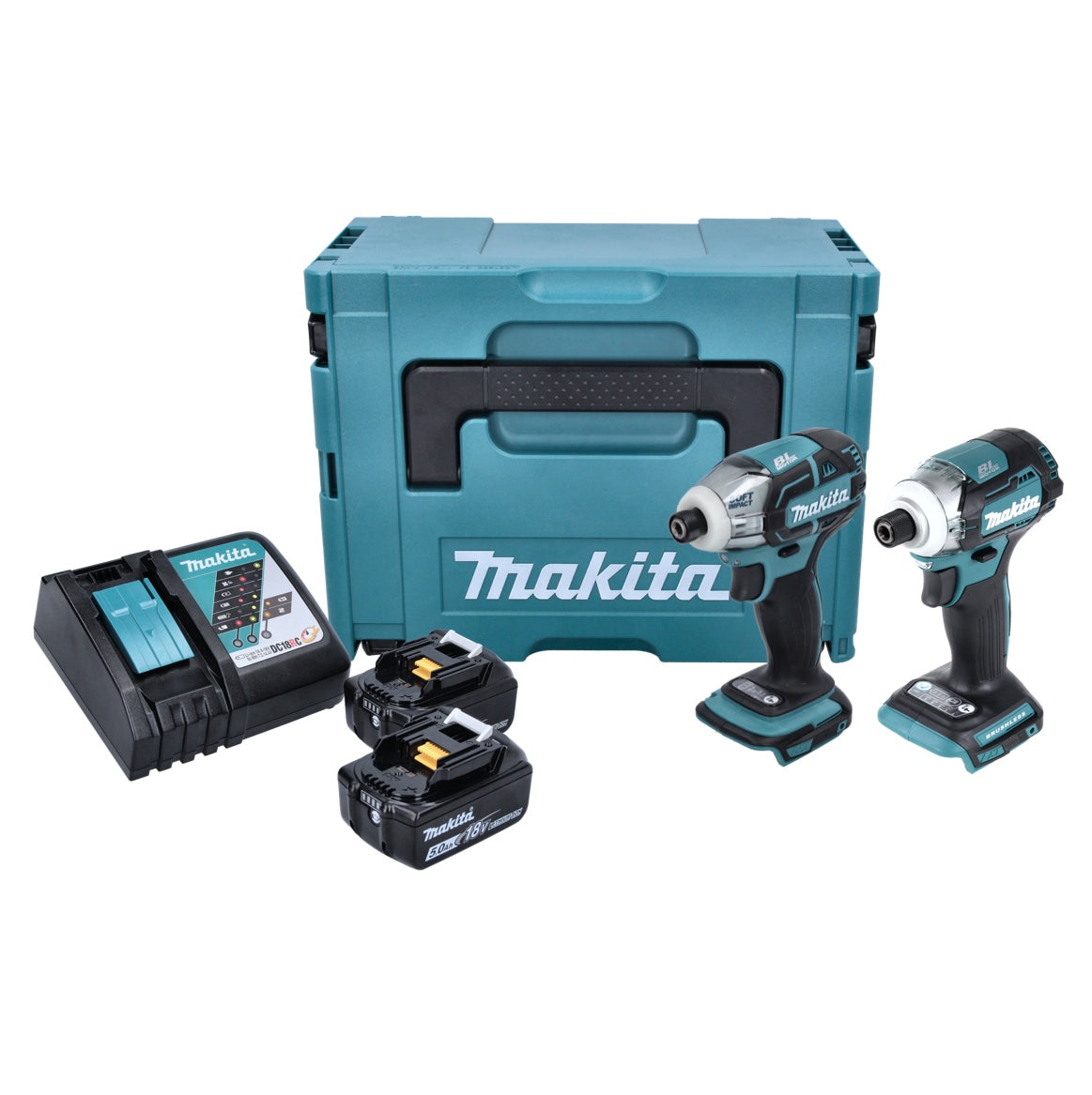 Kit combiné batterie Makita DLX 2211 TJ Visseuse à impulsion sur batterie DTS 141 + Clé à chocs sur batterie DTD 170 + 2x batterie 5,0 Ah + chargeur + Makpac