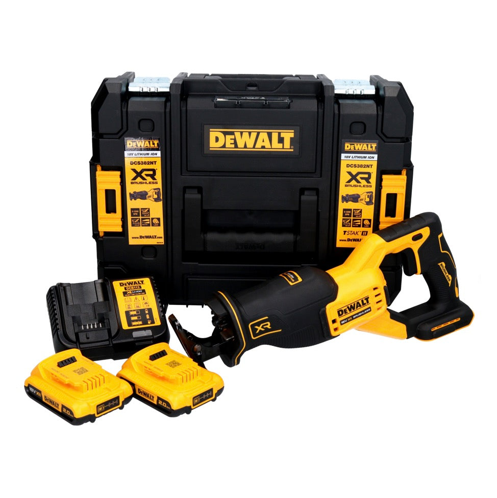 Scie alternative à batterie DeWalt DCS 382 D2T 18 V sans balais + 2x batteries 2,0 Ah + chargeur + TSTAK