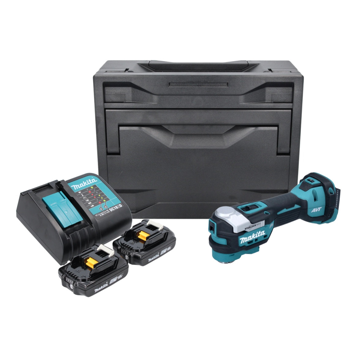 Makita DTM 52 SAX Akku Multifunktionswerkzeug 18 V Starlock Max Brushless + 2x Akku 2,0 Ah + Ladegerät + Makbox