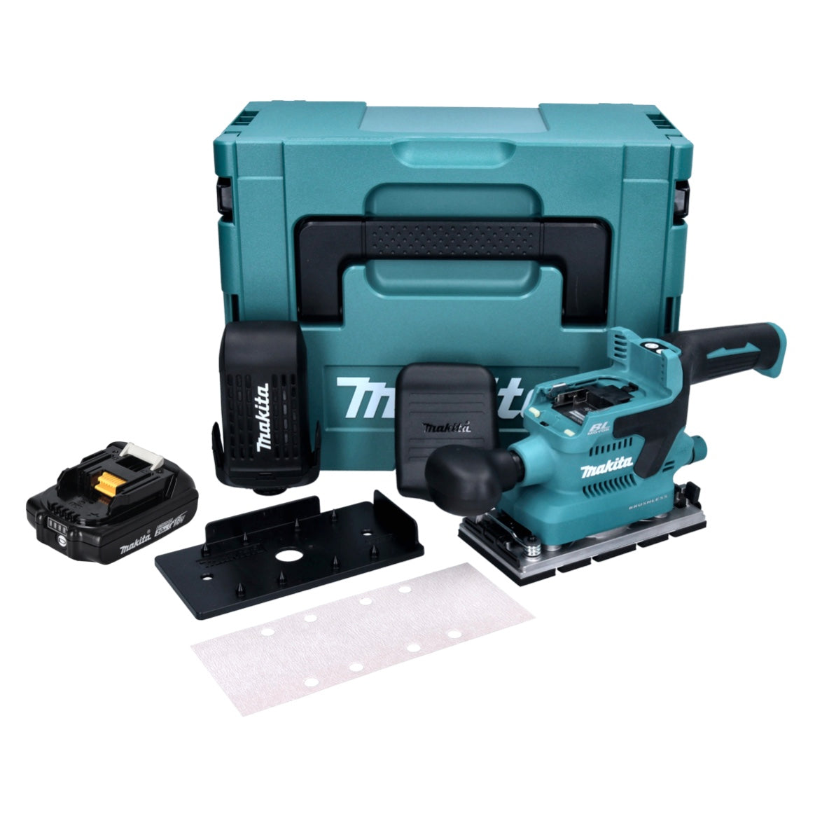 Makita DBO 380 A1J Ponceuse orbitale sur batterie 18 V 93 x 185 mm sans balais + 1x batterie 2,0 Ah + Makpac - sans chargeur