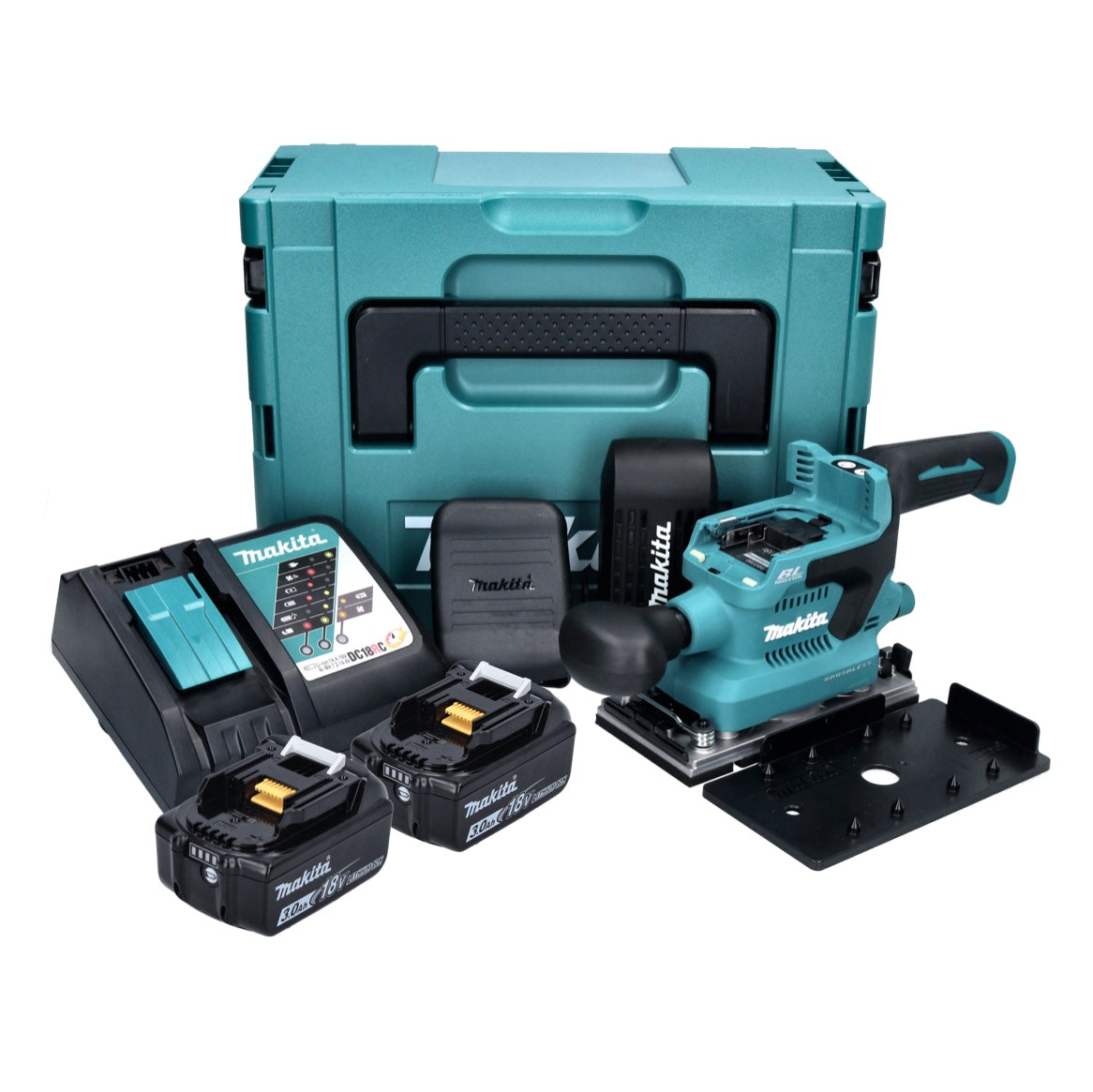 Makita DBO 380 RFJ ponceuse orbitale sur batterie 18 V 93 x 185 mm sans balais + 2x batteries 3,0 Ah + chargeur + Makpac