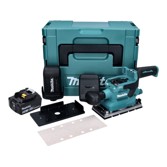 Makita DBO 380 T1J Ponceuse orbitale sur batterie 18 V 93 x 185 mm sans balais + 1x batterie 5,0 Ah + Makpac - sans chargeur