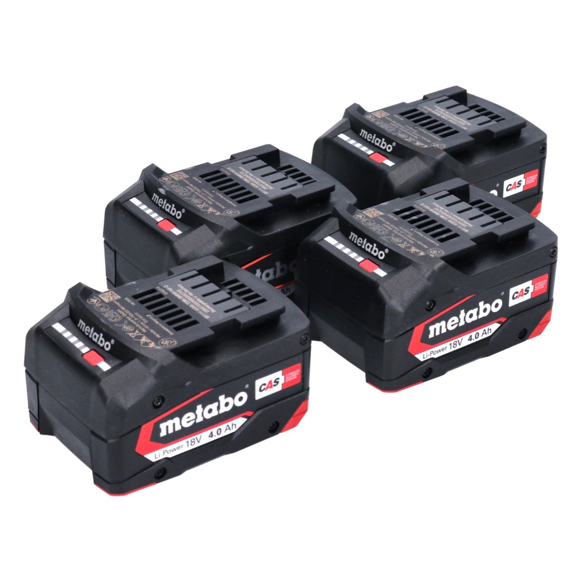 Jeu de batteries Metabo 4x pack de batteries Li-Power 18 V 4,0 Ah CAS Li-Ion (4x 625027000) avec indicateur de niveau de charge