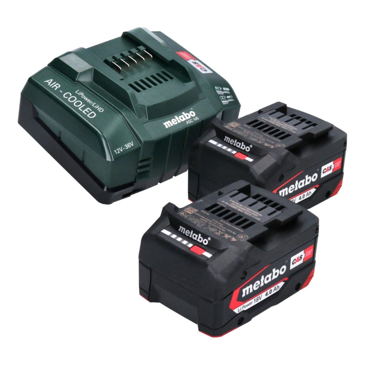 Kit de base Metabo 2x batterie Li-Power 18 V 4,0 Ah CAS Li-Ion (2x 625027000) + chargeur rapide ASC 145 (627378000)