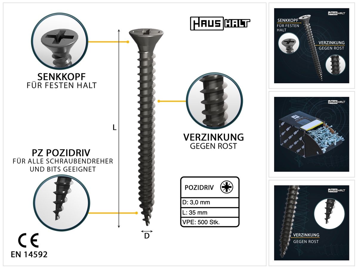 HausHalt Universal Holzbauschraube Holzschraube 3,0 x 35 mm PZ1 500 Stk. ( 000051371099 ) silber verzinkt Kreuzschlitz Pozidriv Senkkopf Vollgewinde - Toolbrothers