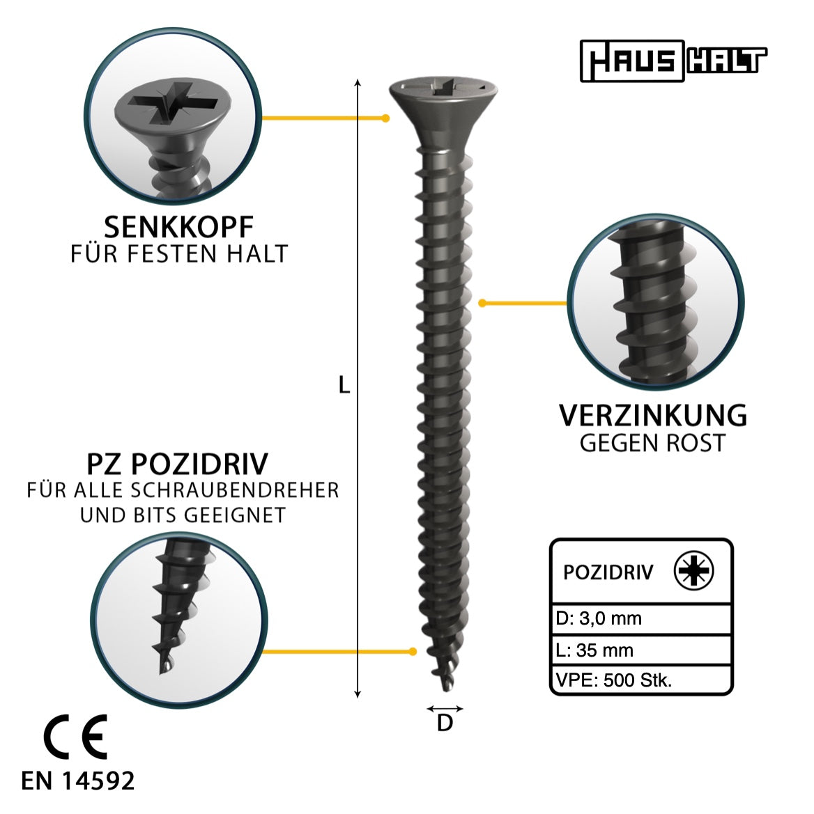 HausHalt Universal Holzbauschraube Holzschraube 3,0 x 35 mm PZ1 500 Stk. ( 000051371099 ) silber verzinkt Kreuzschlitz Pozidriv Senkkopf Vollgewinde - Toolbrothers