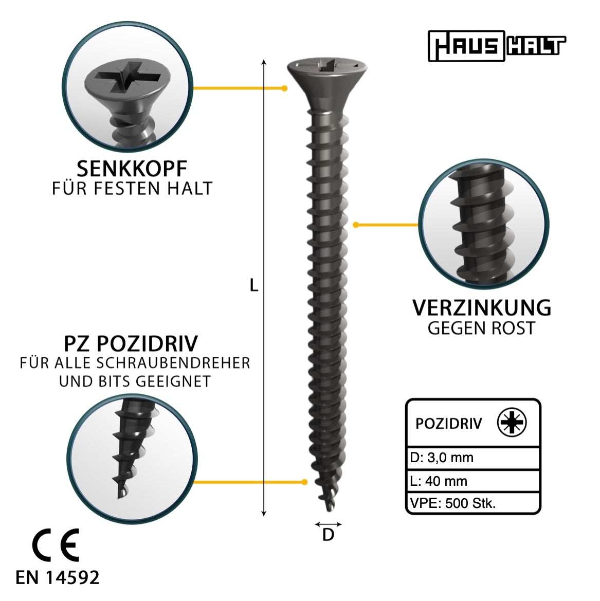 HausHalt Universal Holzbauschraube Holzschraube 3,0 x 40 mm PZ1 500 Stk. ( 000051371100 ) silber verzinkt Kreuzschlitz Pozidriv Senkkopf Vollgewinde - Toolbrothers