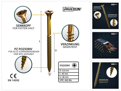 HausHalt Universal Holzbauschraube Holzschraube 3,0 x 45 mm PZ1 500 Stk. ( 000051371129 ) gelb verzinkt Kreuzschlitz Pozidriv Senkkopf Teilgewinde - Toolbrothers