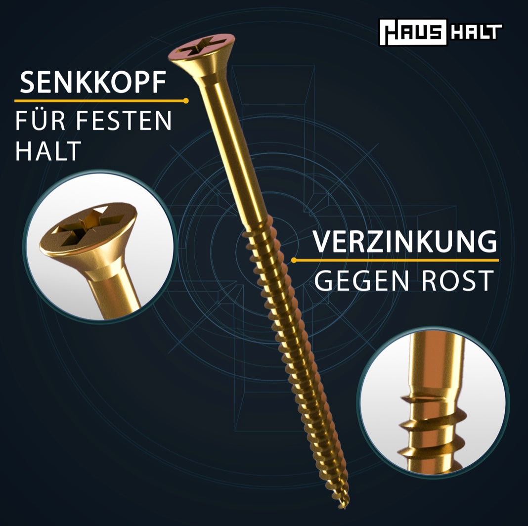 HausHalt Universal Holzbauschraube Holzschraube 3,0 x 45 mm PZ1 500 Stk. ( 000051371129 ) gelb verzinkt Kreuzschlitz Pozidriv Senkkopf Teilgewinde - Toolbrothers