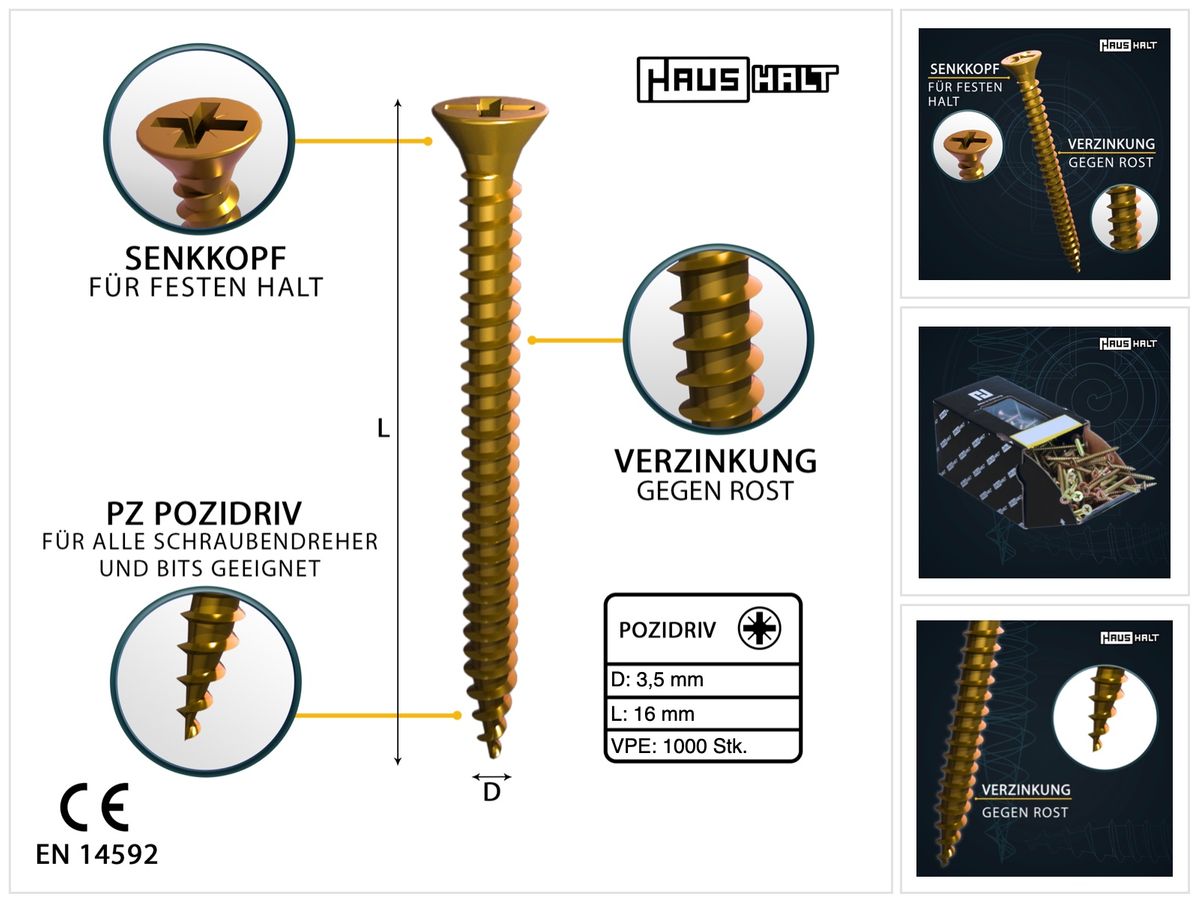 HausHalt Universal Holzbauschraube Holzschraube 3,5 x 16 mm PZ2 1000 Stk. ( 000051371131 ) gelb verzinkt Kreuzschlitz Pozidriv Senkkopf Vollgewinde - Toolbrothers