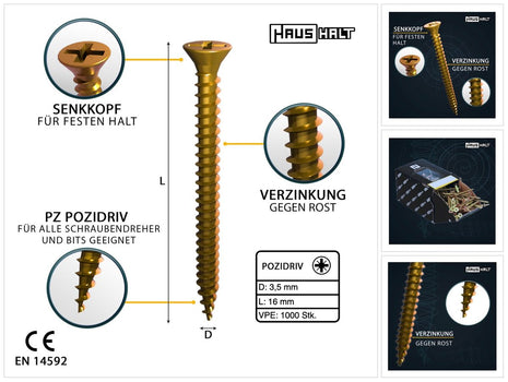 HausHalt Universal Holzbauschraube Holzschraube 3,5 x 16 mm PZ2 1000 Stk. ( 000051371131 ) gelb verzinkt Kreuzschlitz Pozidriv Senkkopf Vollgewinde - Toolbrothers