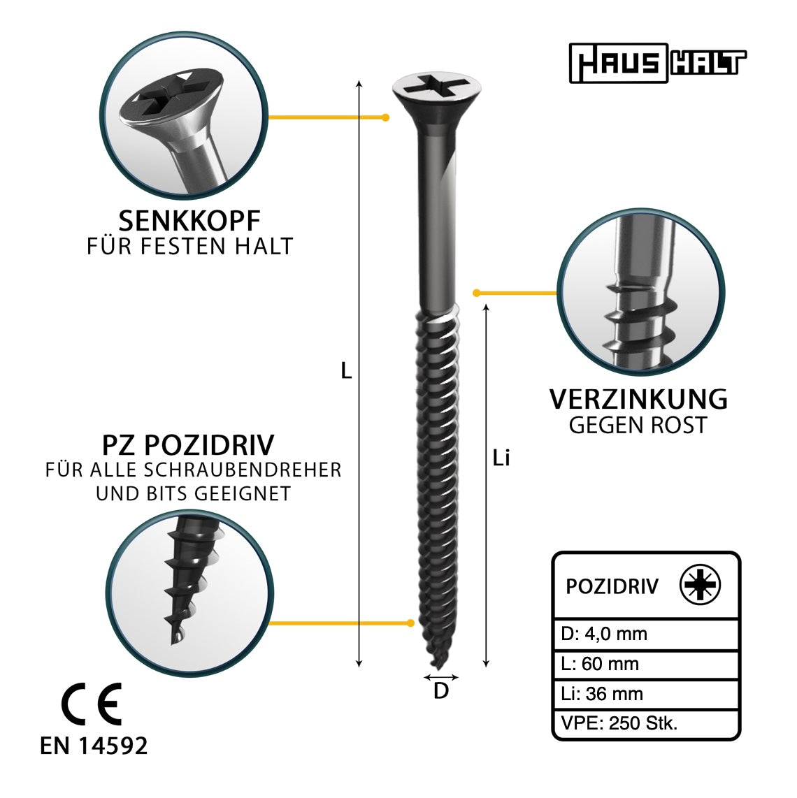 HausHalt Universal Holzbauschraube Holzschraube 4,0 x 60 mm PZ2 250 Stk. ( 000051371154 ) silber verzinkt Kreuzschlitz Pozidriv Senkkopf Teilgewinde - Toolbrothers