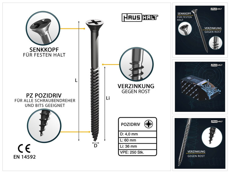 HausHalt Universal Holzbauschraube Holzschraube 4,0 x 60 mm PZ2 250 Stk. ( 000051371154 ) silber verzinkt Kreuzschlitz Pozidriv Senkkopf Teilgewinde - Toolbrothers