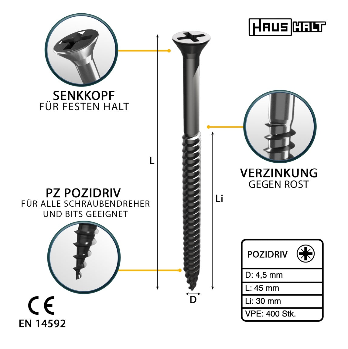 HausHalt Universal Holzbauschraube Holzschraube 4,5 x 45 mm PZ2 400 Stk. ( 000051371170 ) silber verzinkt Kreuzschlitz Pozidriv Senkkopf Teilgewinde - Toolbrothers