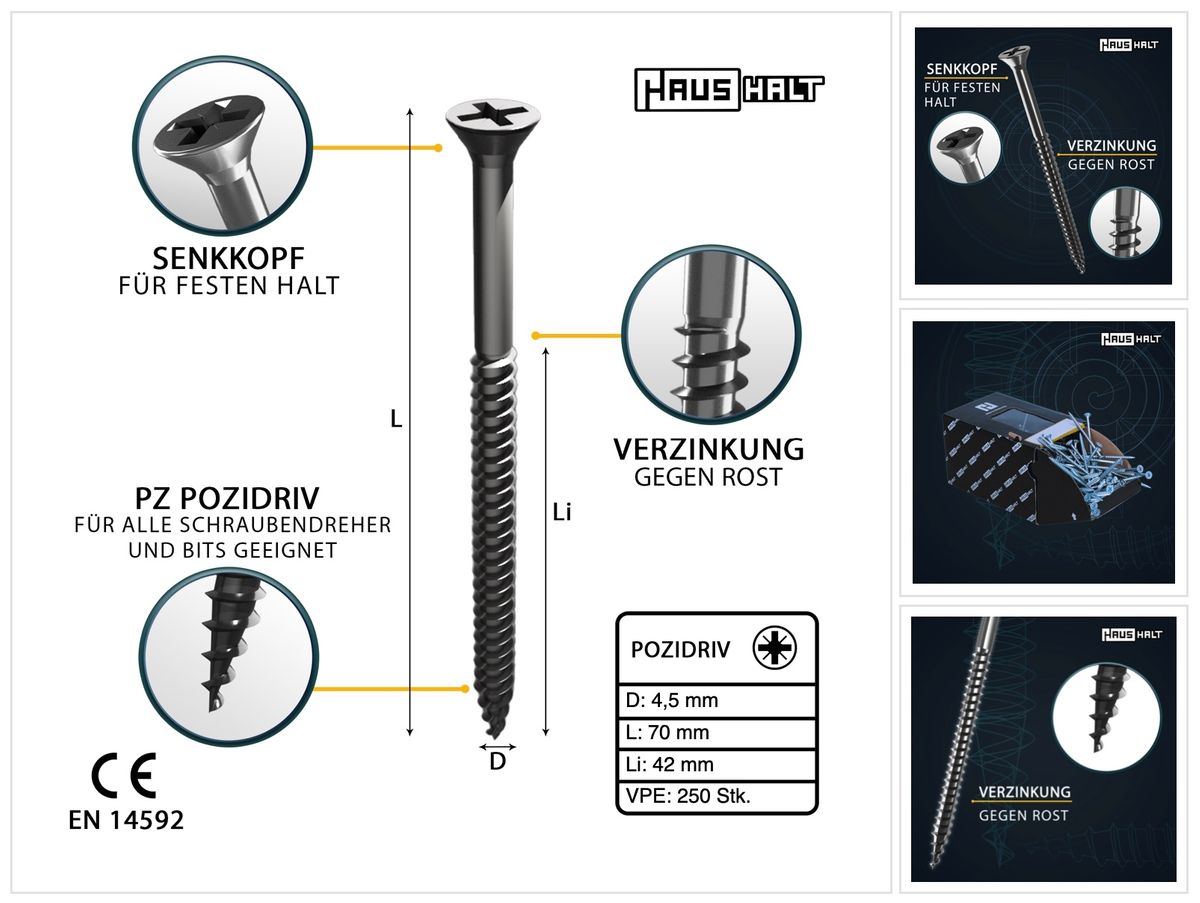 HausHalt Universal Holzbauschraube Holzschraube 4,5 x 70 mm PZ2 250 Stk. ( 000051371177 ) silber verzinkt Kreuzschlitz Pozidriv Senkkopf Teilgewinde - Toolbrothers