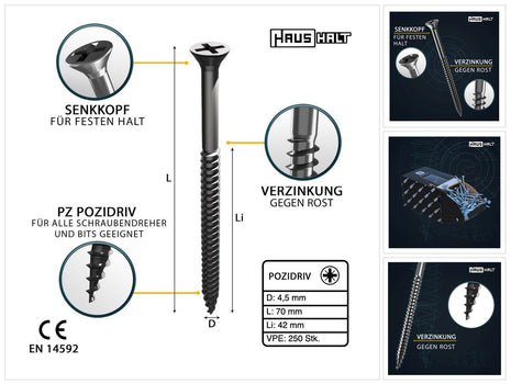 HausHalt Universal Holzbauschraube Holzschraube 4,5 x 70 mm PZ2 250 Stk. ( 000051371177 ) silber verzinkt Kreuzschlitz Pozidriv Senkkopf Teilgewinde - Toolbrothers