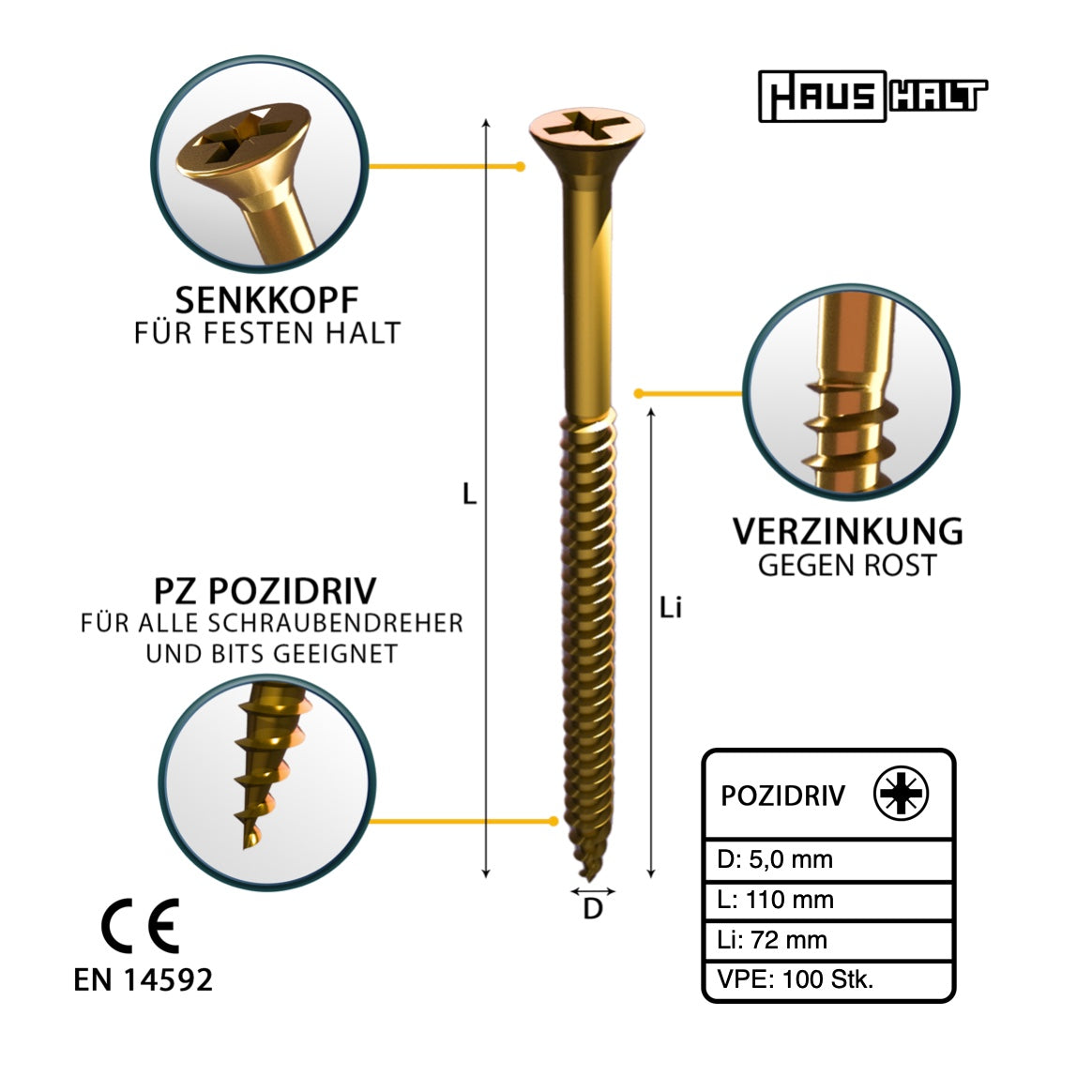 HausHalt Universal Holzbauschraube Holzschraube 5,0 x 110 mm PZ2 100 Stk. ( 000051371184 ) gelb verzinkt Kreuzschlitz Pozidriv Senkkopf Teilgewinde - Toolbrothers