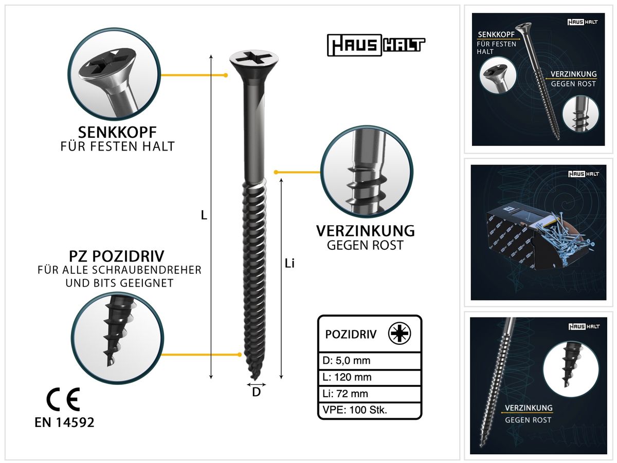 HausHalt Universal Holzbauschraube Holzschraube 5,0 x 120 mm PZ2 100 Stk. ( 000051371185 ) silber verzinkt Kreuzschlitz Pozidriv Senkkopf Teilgewinde - Toolbrothers