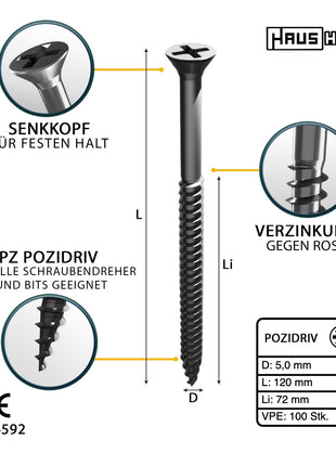 HausHalt Universal Holzbauschraube Holzschraube 5,0 x 120 mm PZ2 100 Stk. ( 000051371185 ) silber verzinkt Kreuzschlitz Pozidriv Senkkopf Teilgewinde - Toolbrothers