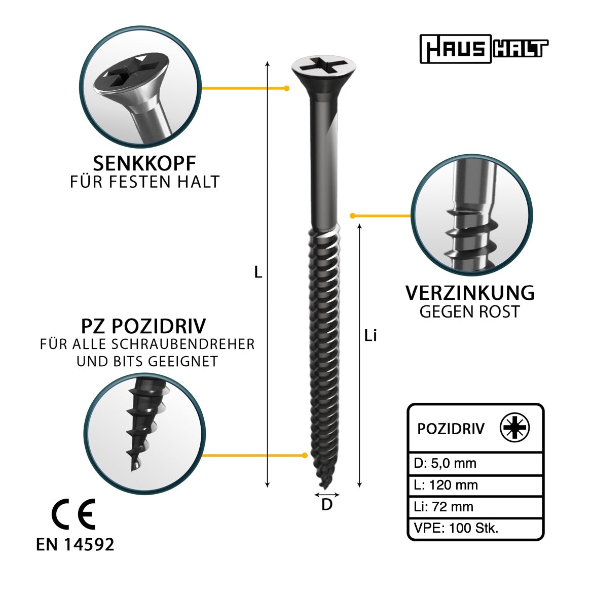 HausHalt Universal Holzbauschraube Holzschraube 5,0 x 120 mm PZ2 100 Stk. ( 000051371185 ) silber verzinkt Kreuzschlitz Pozidriv Senkkopf Teilgewinde - Toolbrothers