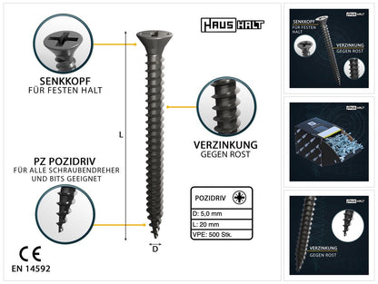 HausHalt Universal Holzbauschraube Holzschraube 5,0 x 20 mm PZ2 500 Stk. ( 000051371187 ) silber verzinkt Kreuzschlitz Pozidriv Senkkopf Vollgewinde - Toolbrothers