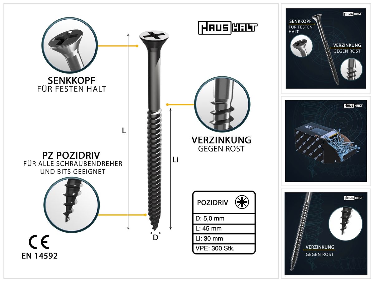 HausHalt Universal Holzbauschraube Holzschraube 5,0 x 45 mm PZ2 300 Stk. ( 000051371196 ) silber verzinkt Kreuzschlitz Pozidriv Senkkopf Teilgewinde - Toolbrothers