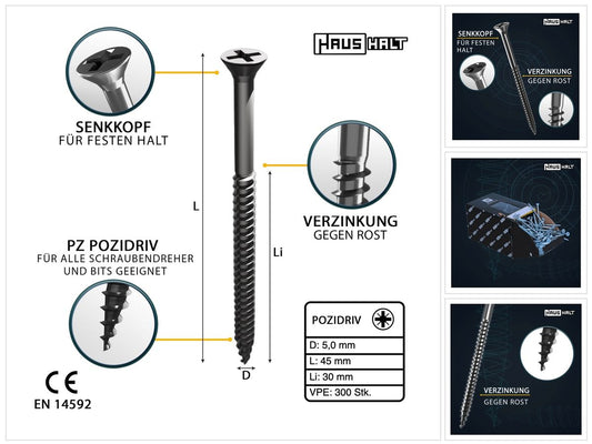 HausHalt Universal Holzbauschraube Holzschraube 5,0 x 45 mm PZ2 300 Stk. ( 000051371196 ) silber verzinkt Kreuzschlitz Pozidriv Senkkopf Teilgewinde - Toolbrothers