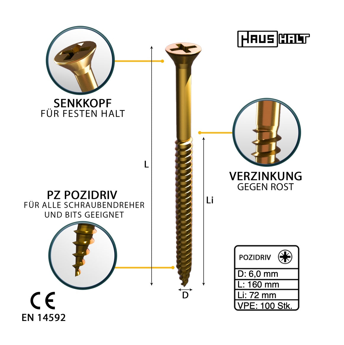 HausHalt Universal Holzbauschraube Holzschraube 6,0 x 160 mm PZ3 100 Stk. ( 000051371220 ) gelb verzinkt Kreuzschlitz Pozidriv Senkkopf Teilgewinde - Toolbrothers