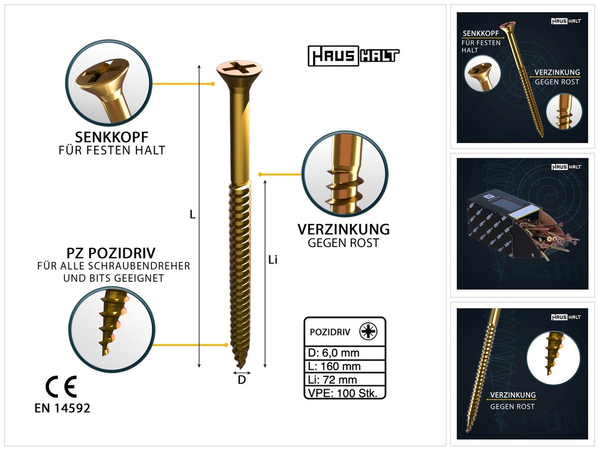 HausHalt Universal Holzbauschraube Holzschraube 6,0 x 160 mm PZ3 100 Stk. ( 000051371220 ) gelb verzinkt Kreuzschlitz Pozidriv Senkkopf Teilgewinde - Toolbrothers