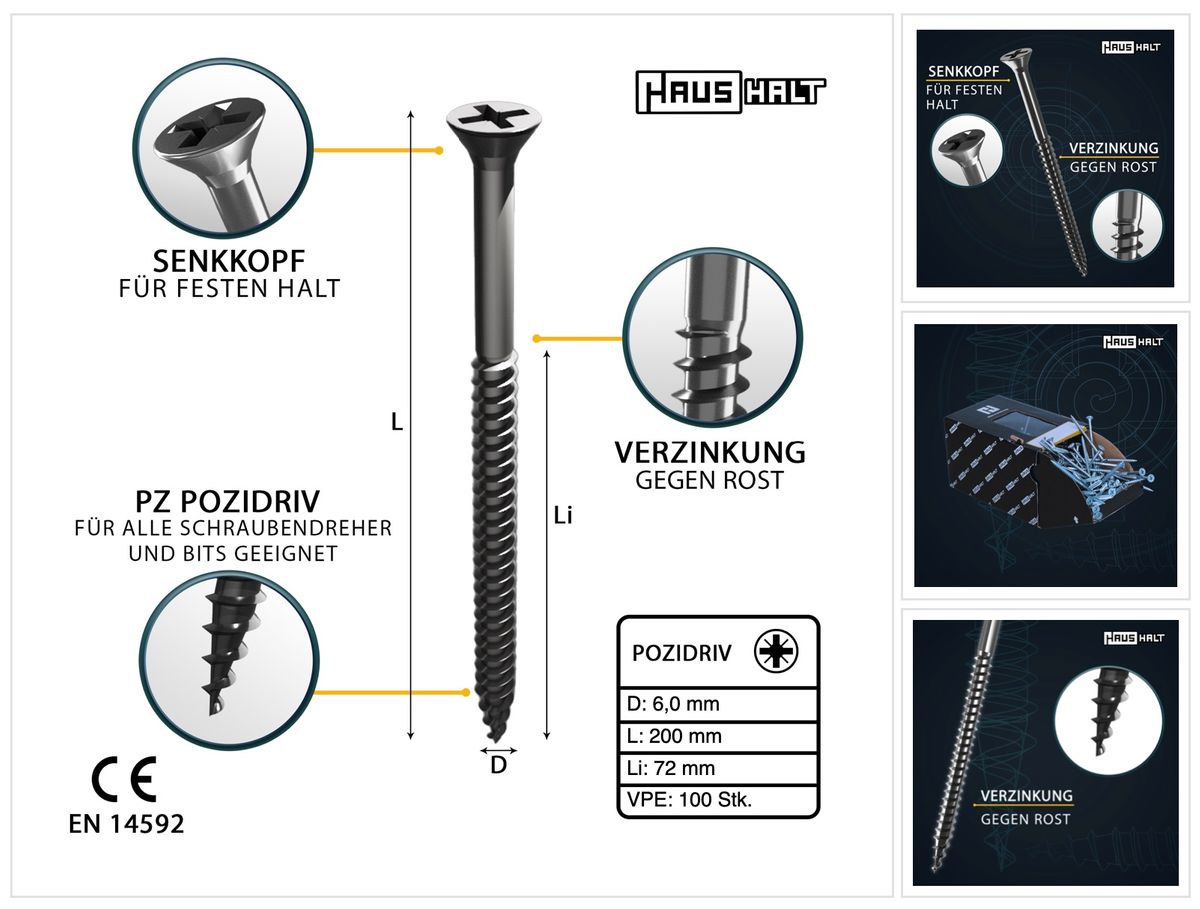 HausHalt Universal Holzbauschraube Holzschraube 6,0 x 200 mm PZ3 100 Stk. ( 000051371223 ) silber verzinkt Kreuzschlitz Pozidriv Senkkopf Teilgewinde - Toolbrothers