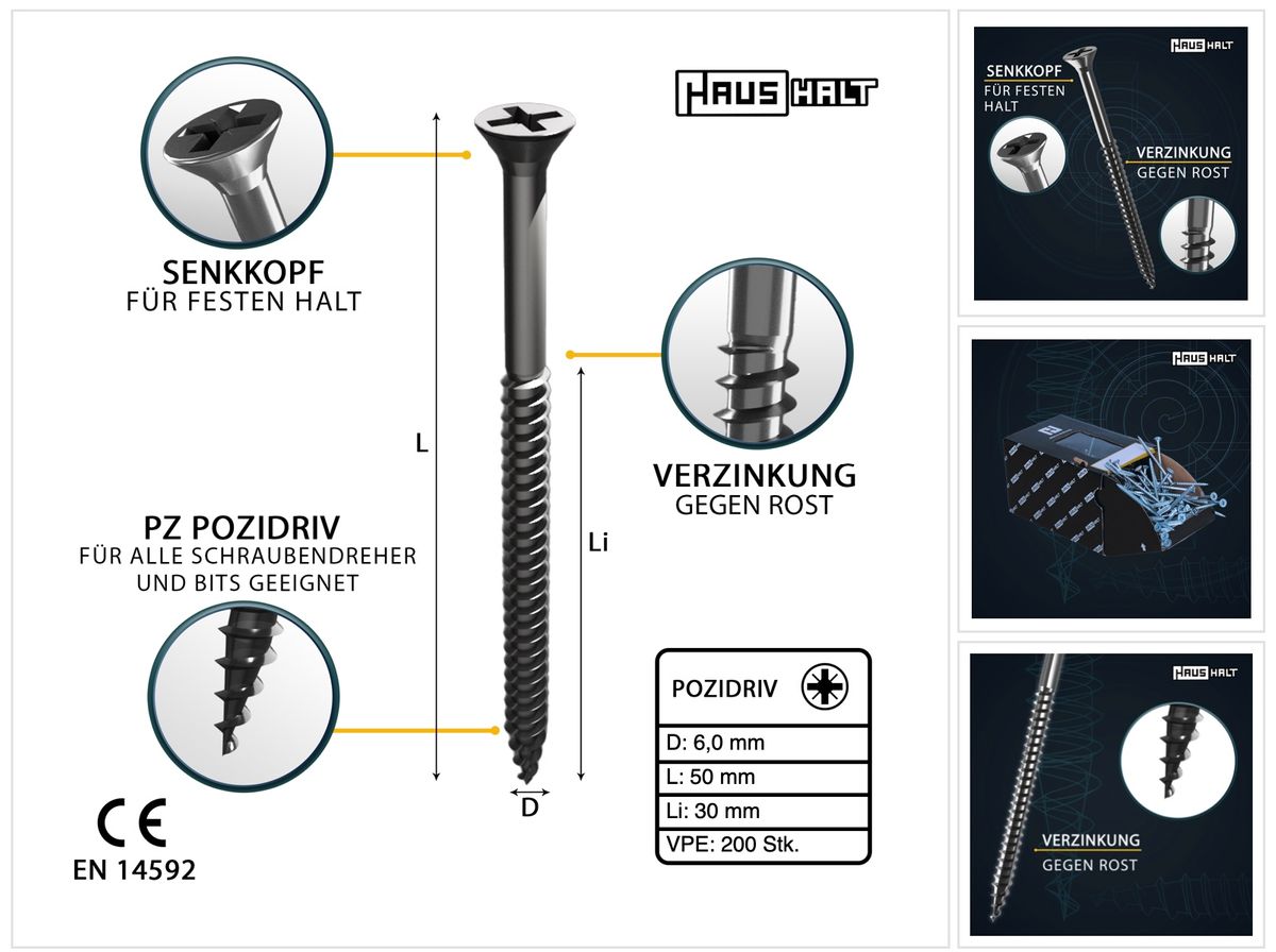 HausHalt Universal Holzbauschraube Holzschraube 6,0 x 50 mm PZ3 200 Stk. ( 000051371227 ) silber verzinkt Kreuzschlitz Pozidriv Senkkopf Teilgewinde - Toolbrothers