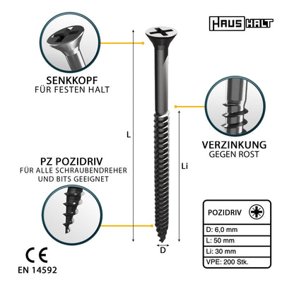 HausHalt Universal Holzbauschraube Holzschraube 6,0 x 50 mm PZ3 200 Stk. ( 000051371227 ) silber verzinkt Kreuzschlitz Pozidriv Senkkopf Teilgewinde - Toolbrothers