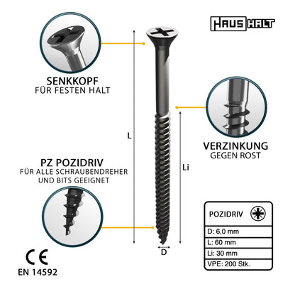 HausHalt Universal Holzbauschraube Holzschraube 6,0 x 60 mm PZ3 200 Stk. ( 000051371229 ) silber verzinkt Kreuzschlitz Pozidriv Senkkopf Teilgewinde - Toolbrothers