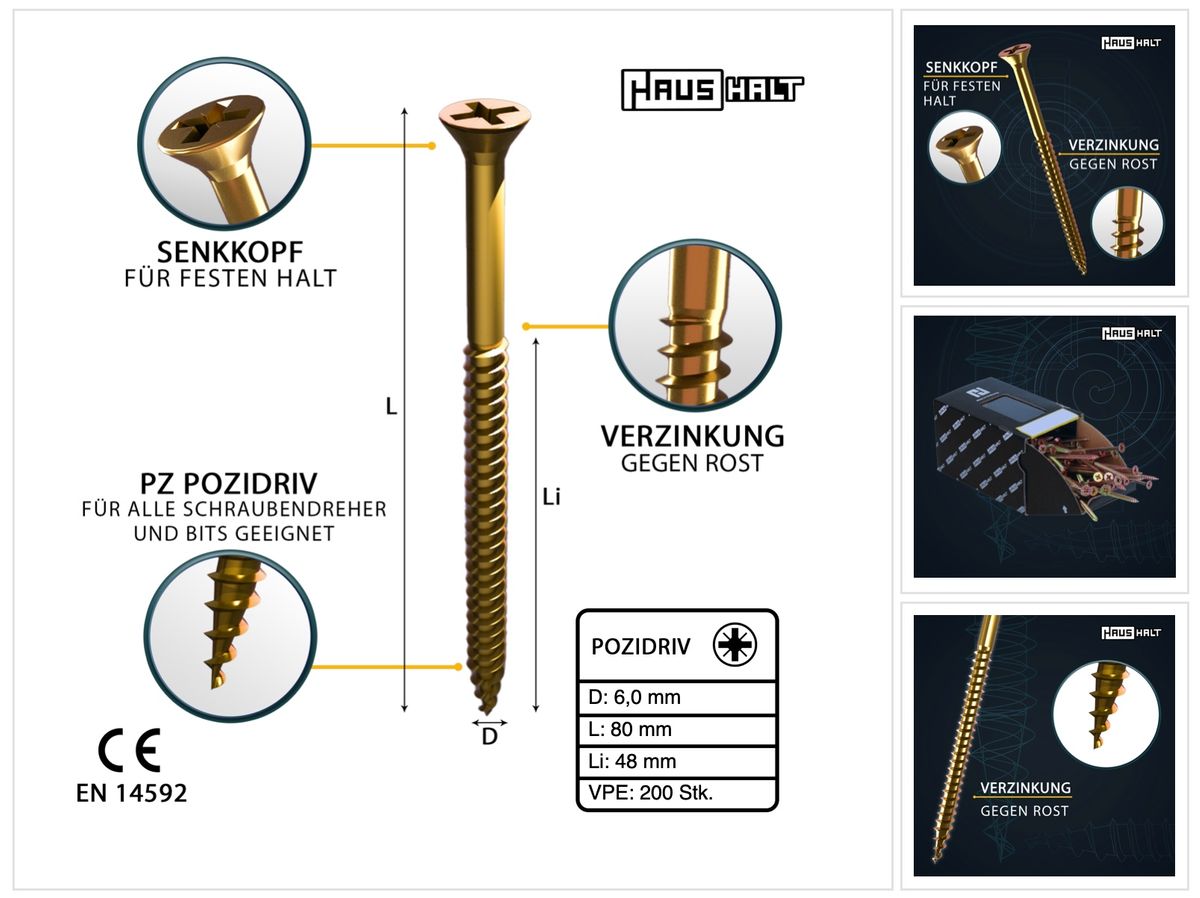 HausHalt Universal Holzbauschraube Holzschraube 6,0 x 80 mm PZ3 200 Stk. ( 000051371233 ) gelb verzinkt Kreuzschlitz Pozidriv Senkkopf Teilgewinde - Toolbrothers