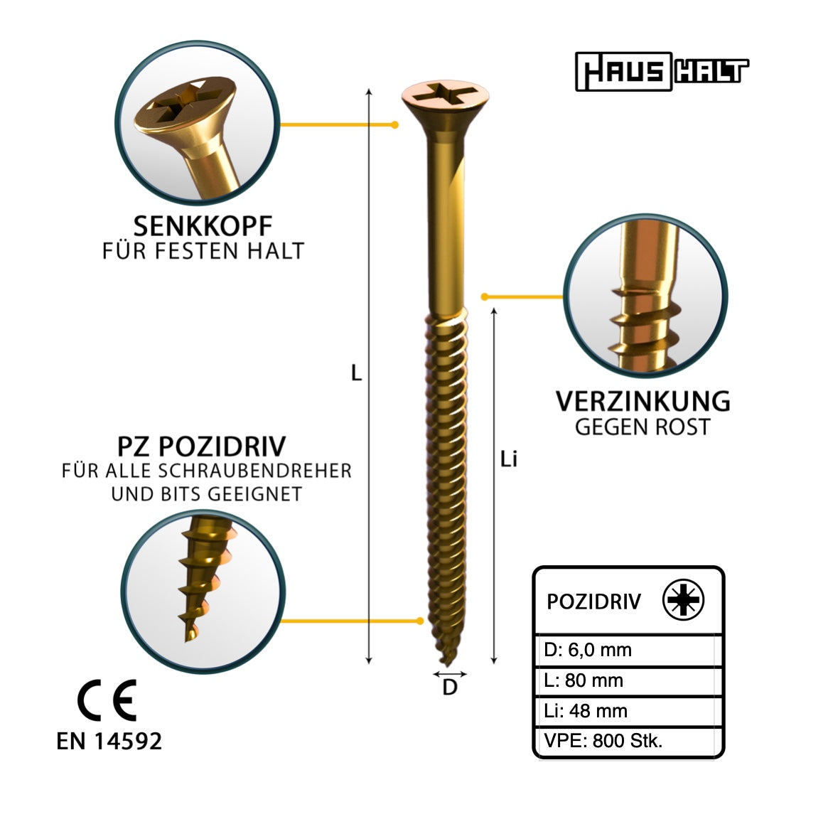 HausHalt Universal Holzbauschraube Holzschraube 6,0 x 80 mm PZ3 800 Stk. ( 4x 000051371233 ) gelb verzinkt Kreuzschlitz Pozidriv Senkkopf Vollgewinde - Toolbrothers