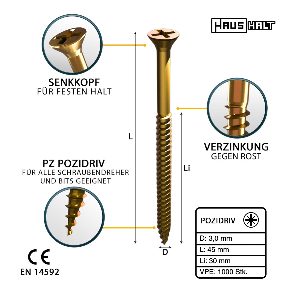 HausHalt Universal Holzbauschraube Holzschraube 3,0 x 45 mm PZ1 1000 Stk. ( 2x 000051371129 ) gelb verzinkt Kreuzschlitz Pozidriv Senkkopf Teilgewinde - Toolbrothers