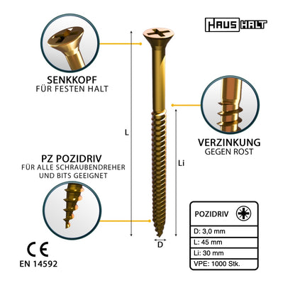 HausHalt Universal Holzbauschraube Holzschraube 3,0 x 45 mm PZ1 1000 Stk. ( 2x 000051371129 ) gelb verzinkt Kreuzschlitz Pozidriv Senkkopf Teilgewinde - Toolbrothers