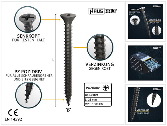 HausHalt Vis universelle pour la construction en bois, vis à bois 3,0 x 35 mm PZ1 1000 pièces (2x 000051371099) argent galvanisé fente cruciforme Pozidriv tête fraisée filetage complet