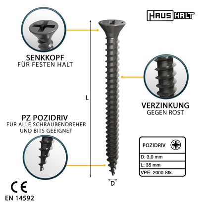 HausHalt Vis universelle pour la construction en bois Vis à bois 3,0 x 35 mm PZ1 2000 pièces (4x 000051371099) Argent galvanisé Fente cruciforme Pozidriv Tête fraisée Filetage complet