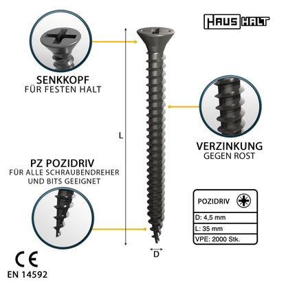 HausHalt Universal Holzbauschraube Holzschraube 4,5 x 35 mm PZ2 2000 Stk. ( 4x 000051371164 ) silber verzinkt Kreuzschlitz Pozidriv Senkkopf Vollgewinde - Toolbrothers